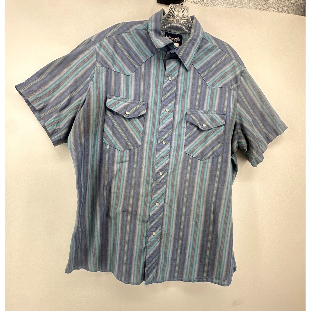 Wrangler Western Shirt Mens L Blue Teal Striped Pearl Snap Short Sleeve